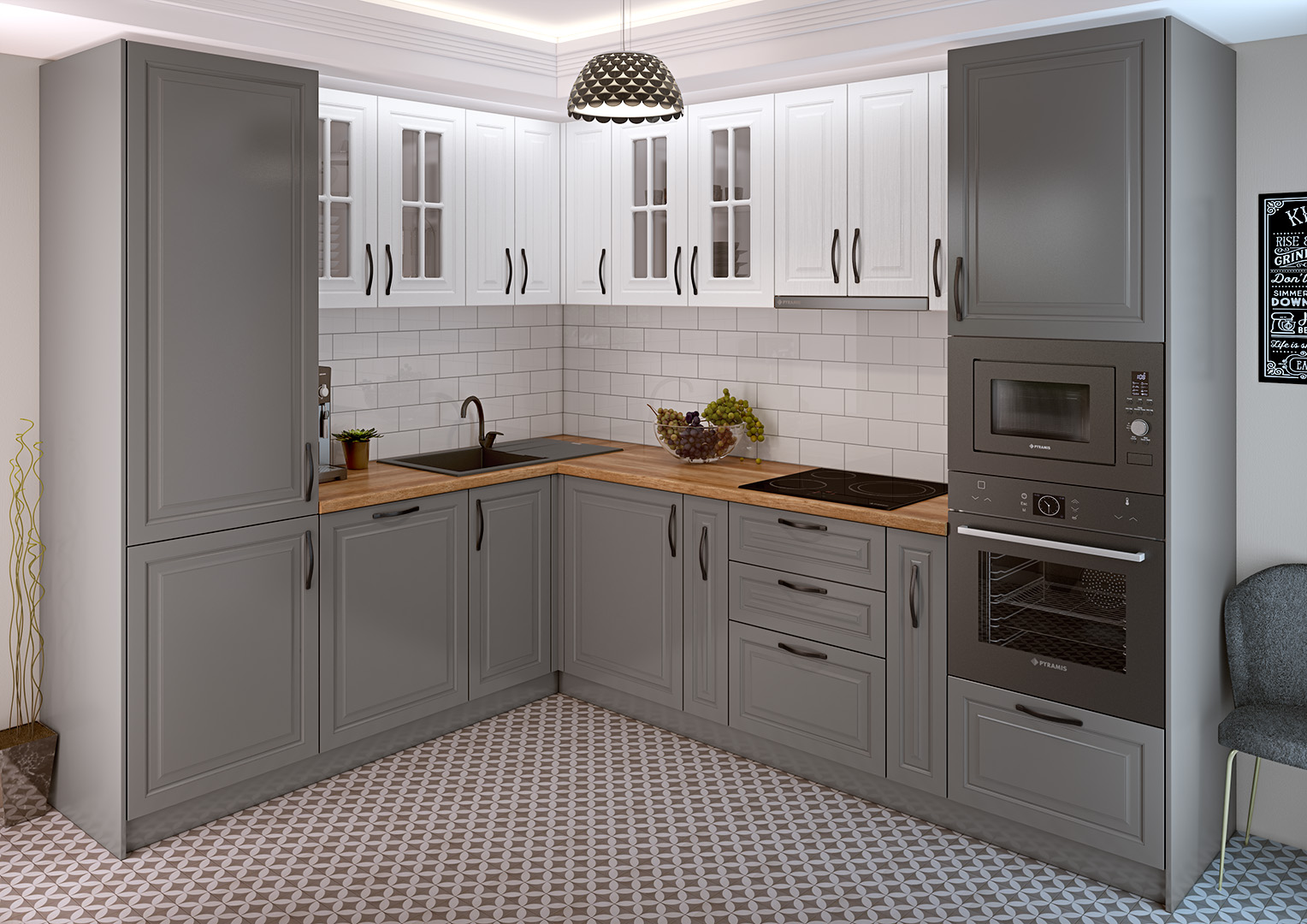 Σύνθεση Κουζίνας μήκους 8μ., MDF Vintage 222x182x217 εκ, Genomax